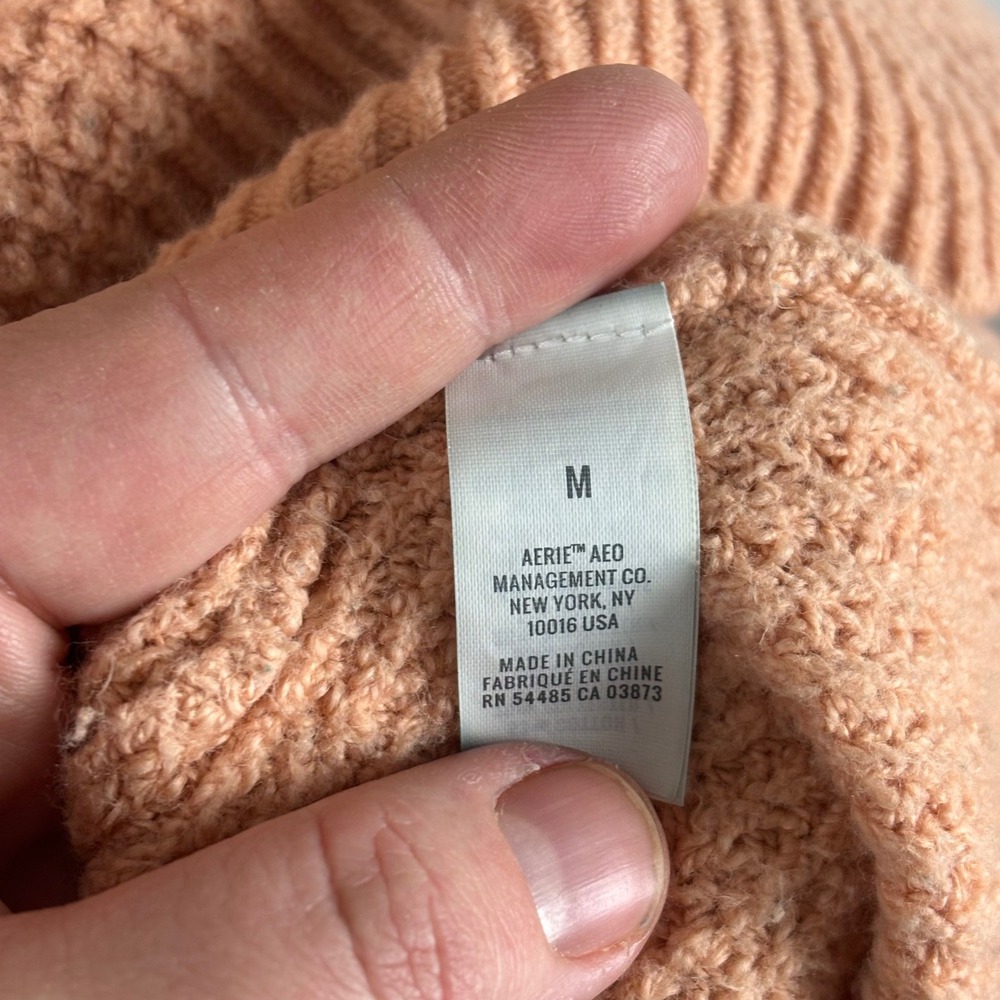Aerie Waffle Knit Hoodie Pullover Peach Oversized V Neck Sweater - Picture 5 of 12